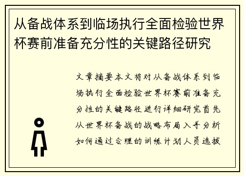 从备战体系到临场执行全面检验世界杯赛前准备充分性的关键路径研究