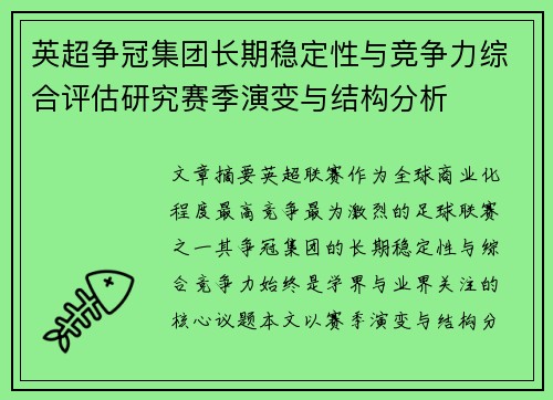 英超争冠集团长期稳定性与竞争力综合评估研究赛季演变与结构分析